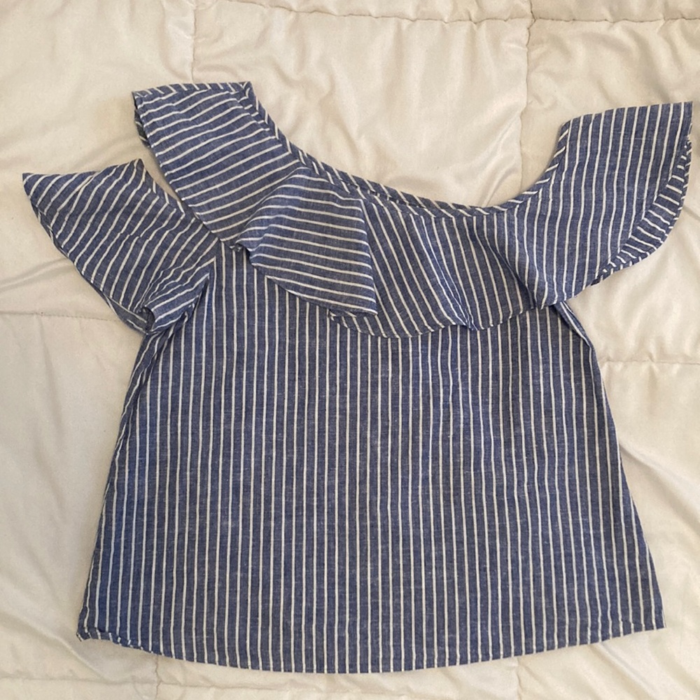 Madewell One Shoulder Ruffle Blue Striped Linen/Cotton Blend Top Size 4 - Picture 3 of 9